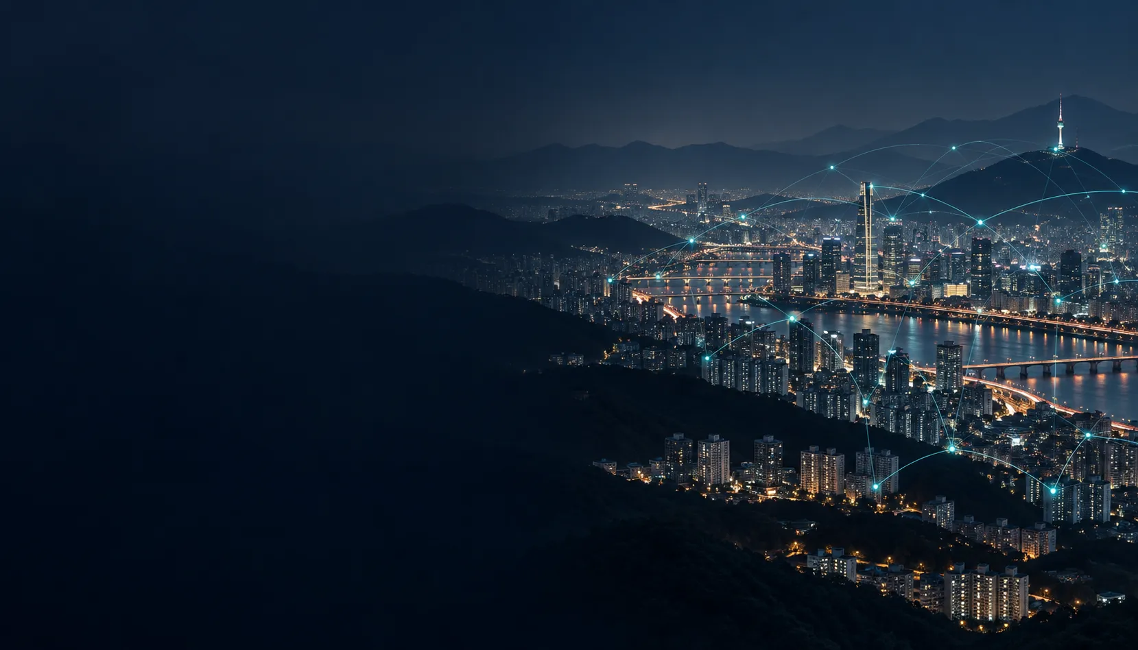 도시 위 데이터 네트워크를 표현한 AI 생성 이미지